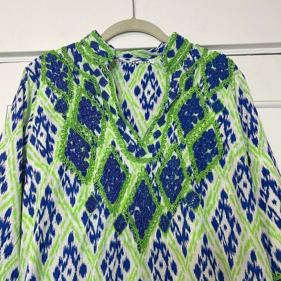 Gretchen Scott Tunic Top Dress Green with Blue Embroidery Size Large - Picture 3 of 8